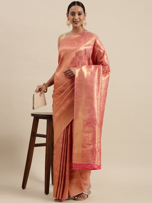 Sharaa Ethnica Peach Silk Woven Saree With Unstitched Blouse Price in India