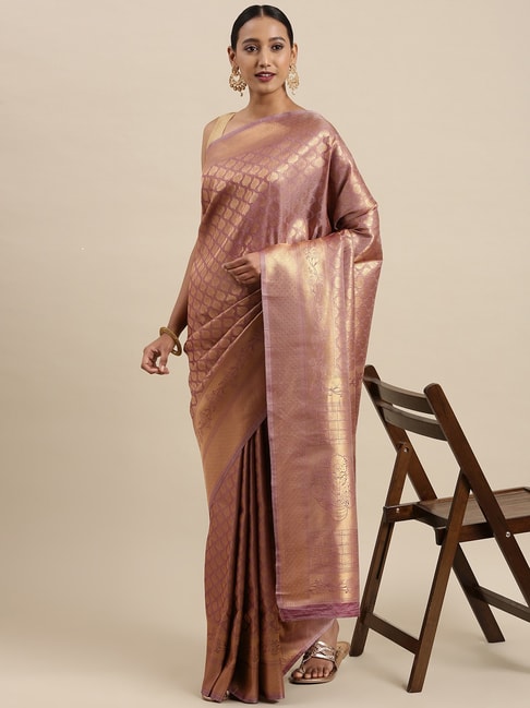 Sharaa Ethnica Brown Silk Woven Saree With Unstitched Blouse Price in India