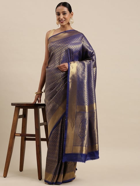 Sharaa Ethnica Blue Silk Woven Saree With Unstitched Blouse Price in India