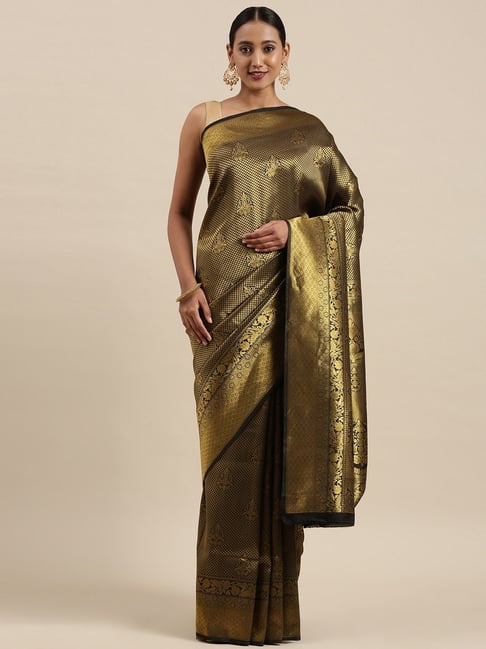 Sharaa Ethnica Black & Green Silk Woven Saree With Unstitched Blouse Price in India