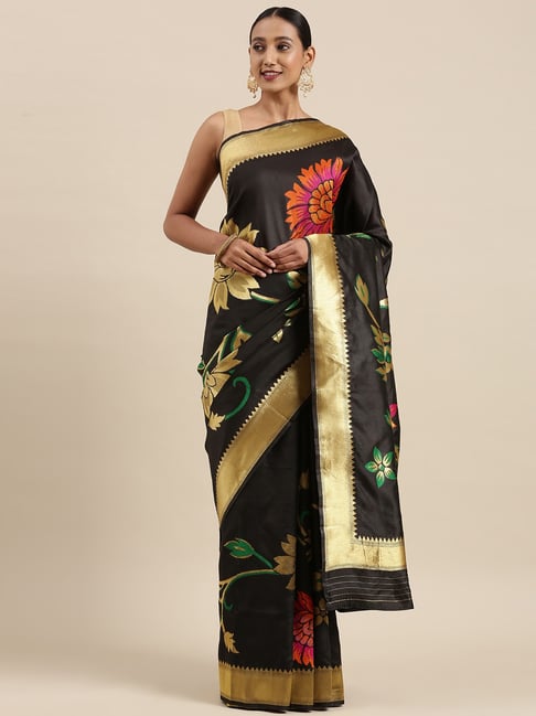 Sharaa Ethnica Black Silk Woven Saree With Unstitched Blouse Price in India