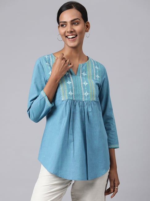 Buy Fabindia Blue Cotton Embroidered Top for Women Online Tata CLiQ