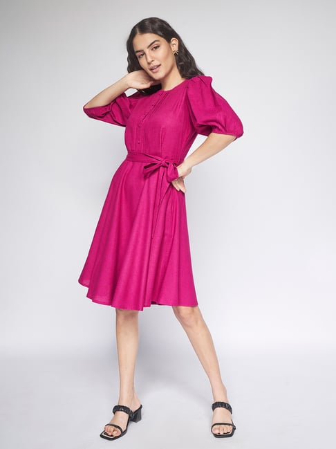 slim fit dress slacks Rachel Allan 7176 Metallic Magenta Fit-N-Flare Dress – Formalwear Outlet main image 0