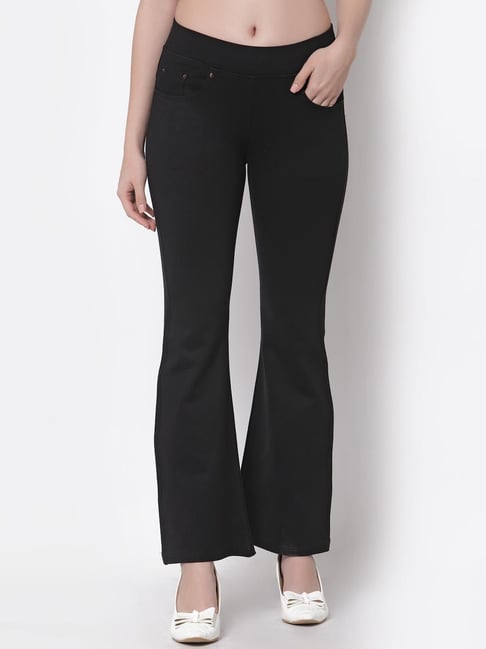 Black Ribbed Flared Trousers  Trousers  PrettyLittleThing
