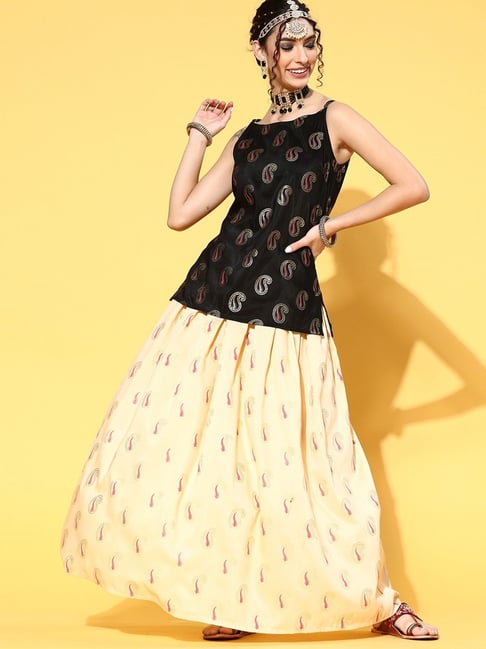 Ziyaa Black Paisley Print Tunic Skirt Set Price in India