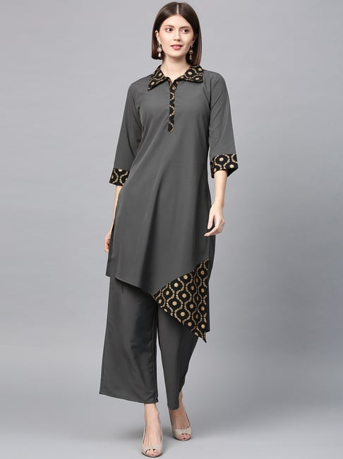 Ziyaa Grey Printed Straight Kurta