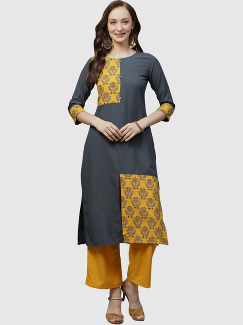 Ziyaa Grey Printed Straight Kurta