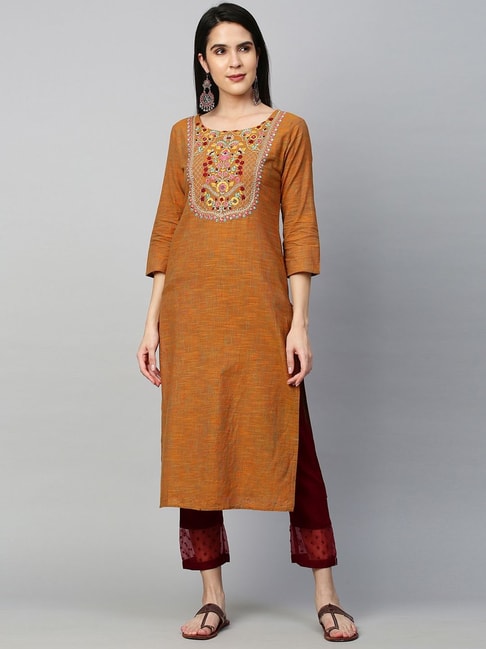 Fashor Brown Embroidered Straight Kurta Price in India