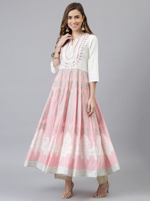 Khushal K Pink & White Cotton Embroidered Flared Kurta Price in India