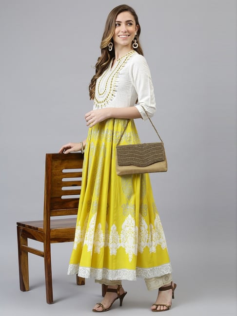 Khushal K Yellow & White Cotton Embroidered Flared Kurta Price in India