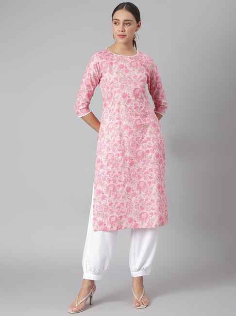 Khushal K Pink Cotton Floral Print Straight Kurta Price in India