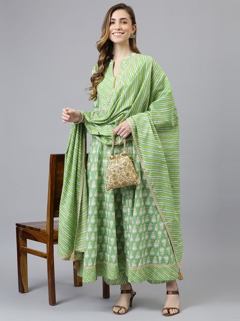 Khushal K Green Printed Kurta Palazzo Set with DupattaKhushal KClothingTATA CLIQ
