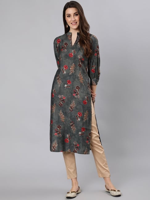 Jaipur Kurti Grey Printed Straight Kurta Price in India