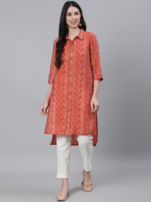 Jaipur Kurti Orange Printed High Low Kurta Price in India