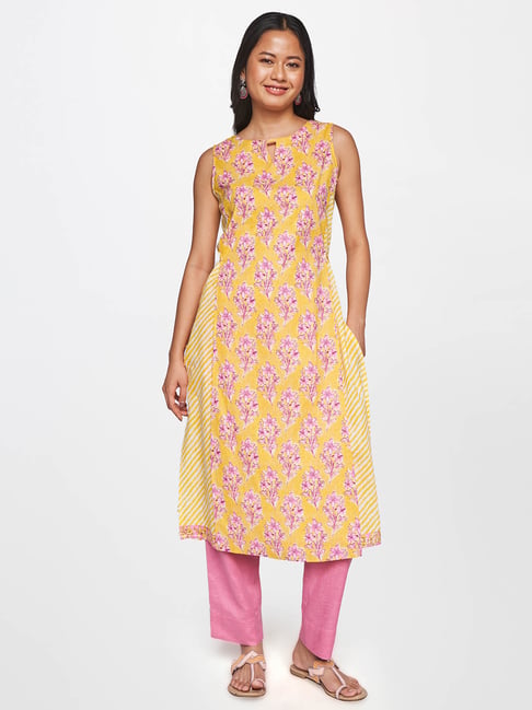 Global Desi Yellow & Pink Printed Kurta