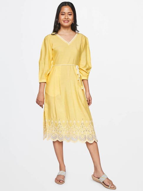 Global Desi Yellow Embroidered Dress Price in India