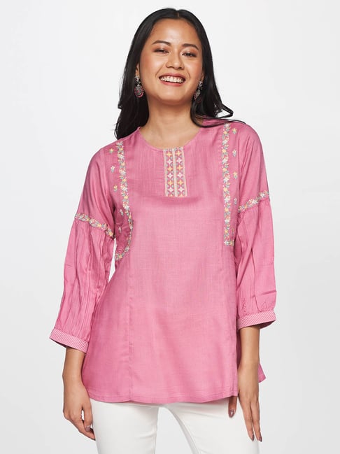 Global Desi Pink Embroidered Top Price in India