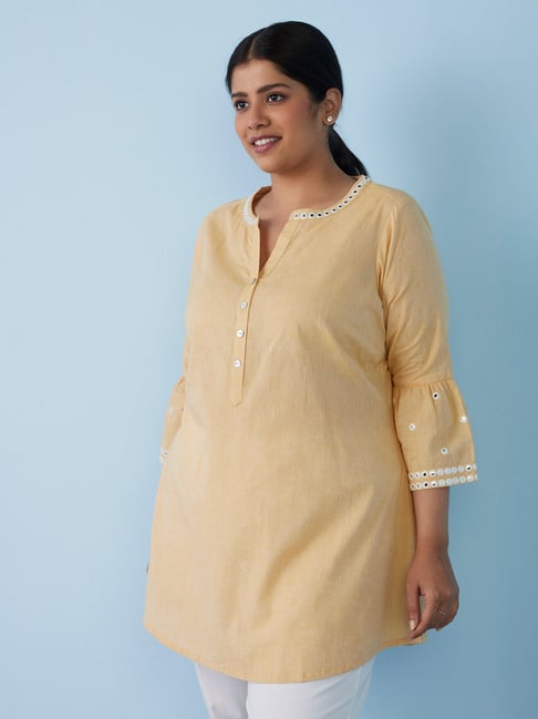 Diza Curves by Westside Yellow Mirror-Detailed A-Line Kurti Price in India