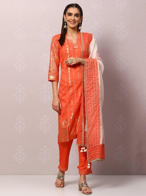 Biba Coral Printed Kurta With Pant & Dupatta Price in India