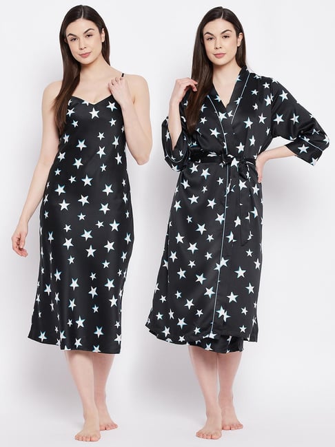 Clovia Black Printed Sleepwear Robe Set