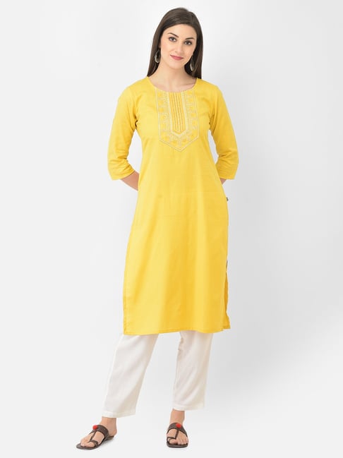 Span Yellow Cotton Embroidered Straight Kurta