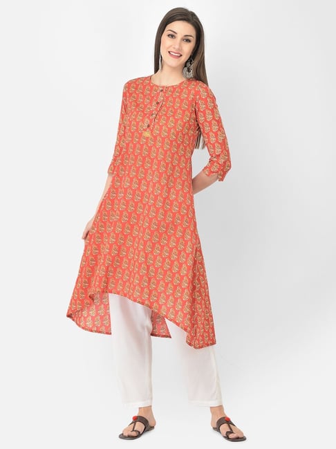 Span Red Cotton Printed A Line Kurta