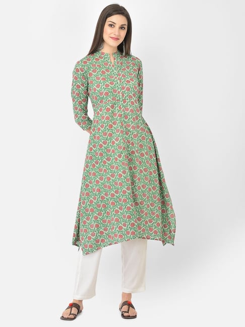 Span Green & Red Cotton Printed A Line Kurta