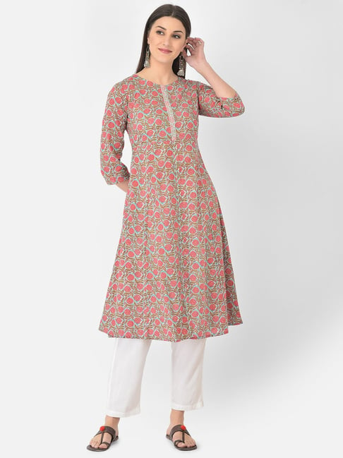 Span Blue & Red Cotton Printed A Line Kurta