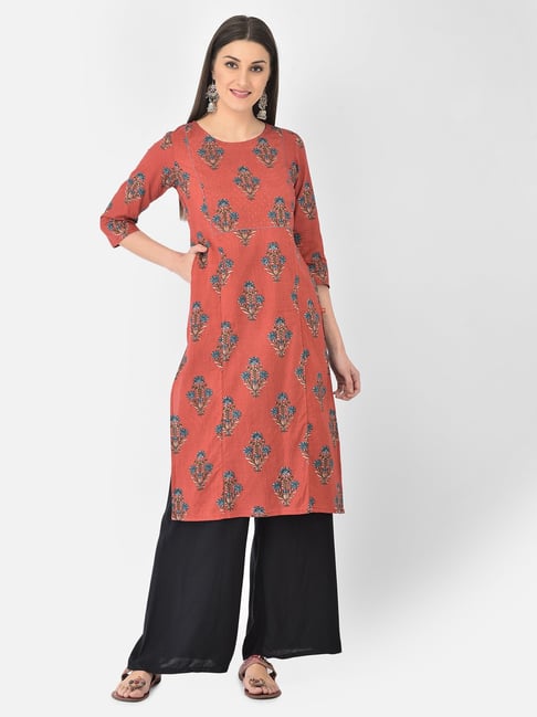 Span Red & Blue Cotton Printed Straight Kurta