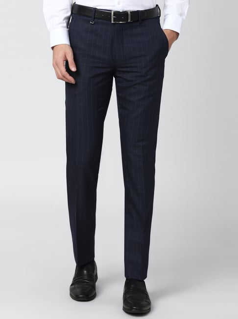 Van Heusen Navy Slim Fit Checks Flat front trousers