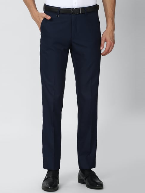 Van Heusen Navy Slim Fit Self Pattern Flat front trousers