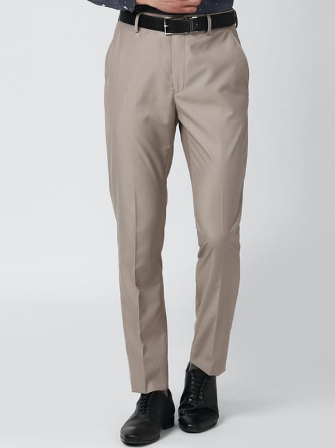 Buy Peter England Men Khaki Solid Carrot Fit Trousers online