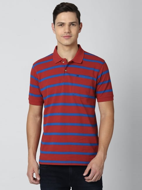 Peter England Red & Blue Regular Fit Striped Polo T-Shirt