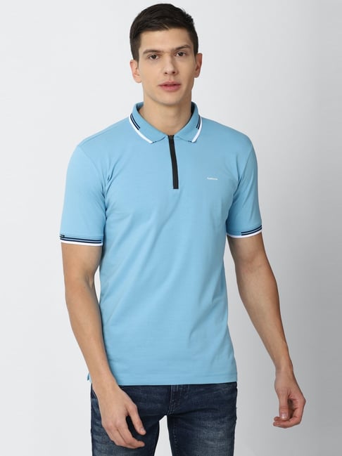 Van Heusen Blue Cotton Regular Fit Polo T-Shirt