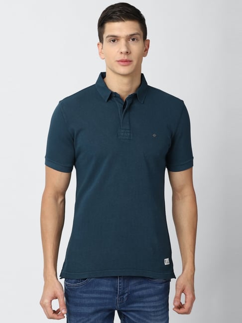 Van Heusen Blue Cotton Regular Fit Self Pattern Polo T-Shirt