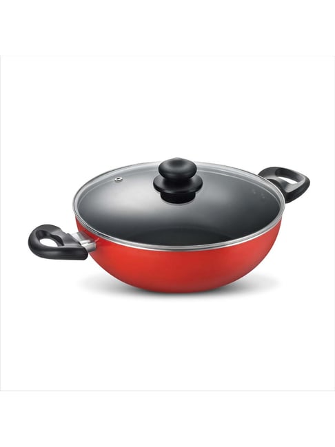 JUDGE Black & Red Aluminium 30 cm Non-Stick Kadai with Lid - Set of 1