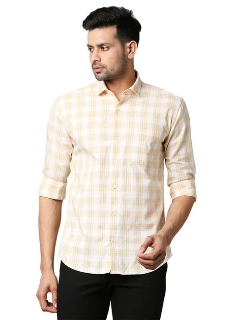 Park Avenue Yellow & White Slim Fit Check Shirt