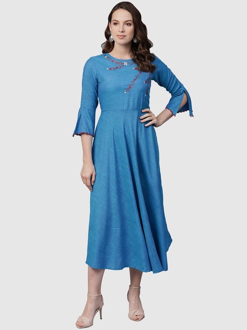 YASH GALLERY Blue Embroidered A-Line Dress Price in India