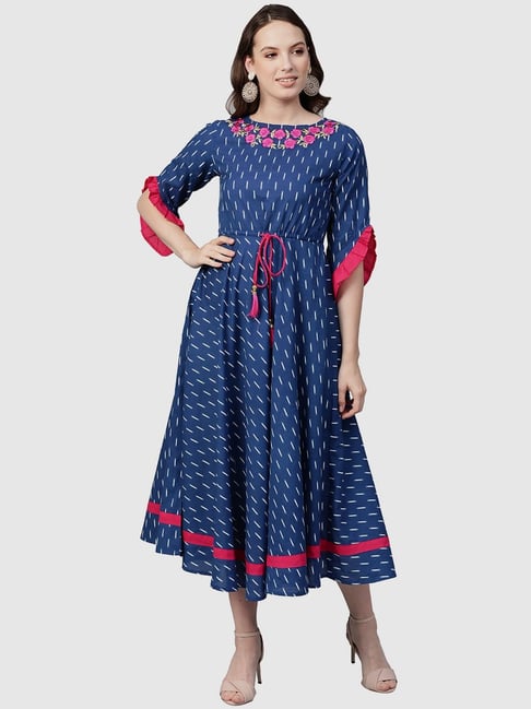 YASH GALLERY Blue Printed A-Line Dress Price in India