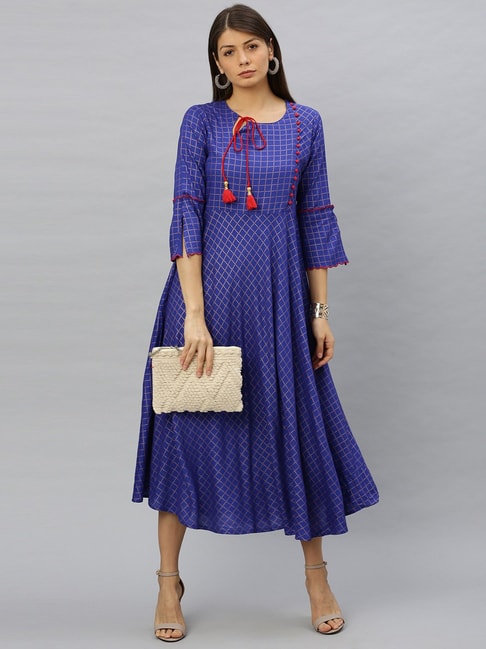 YASH GALLERY Blue Chequered A-Line Dress Price in India
