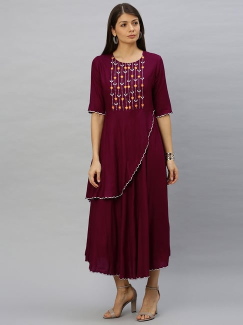 YASH GALLERY Purple Embroidered A-Line Dress Price in India