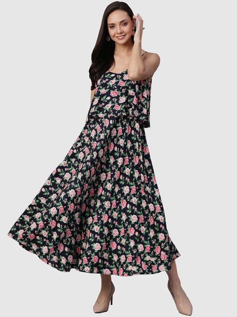 YASH GALLERY Black & Pink Floral Print A-Line Dress Price in India