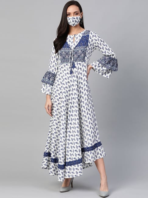 YASH GALLERY White & Blue Floral Print A-Line Dress Price in India