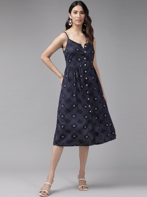 YASH GALLERY Navy Printed A-Line Dress Price in India