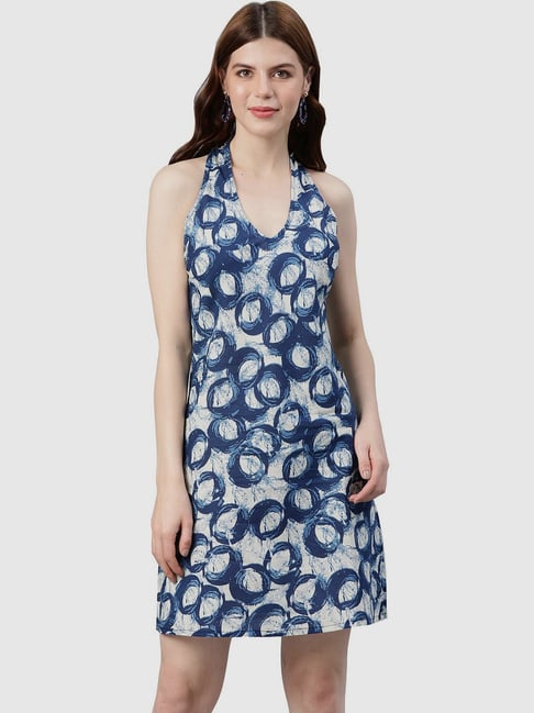 YASH GALLERY Blue & Beige Cotton Printed A-Line Dress Price in India
