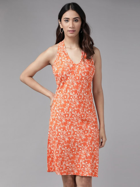 YASH GALLERY Orange Printed A-Line Dress Price in India