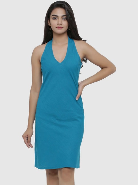 YASH GALLERY Sky Blue Cotton A-Line Dress Price in India