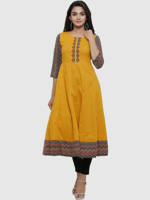 YASH GALLERY Mustard Cotton Printed Flared Kurta Price in India