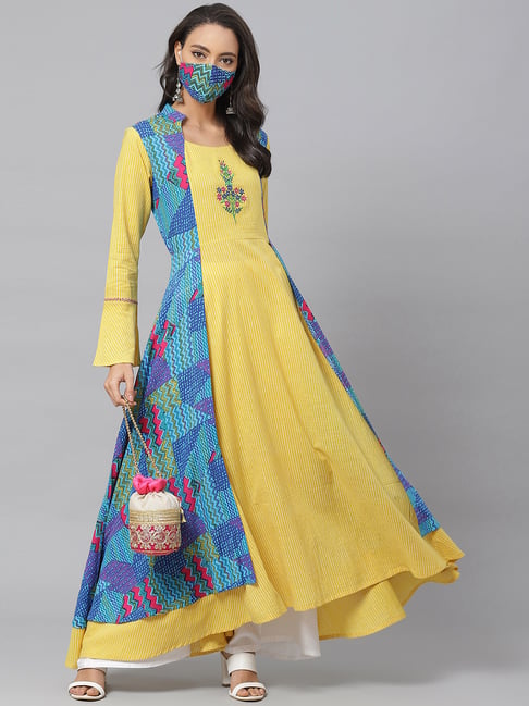 YASH GALLERY Yellow & Blue Printed Flared Kurta-picture-13