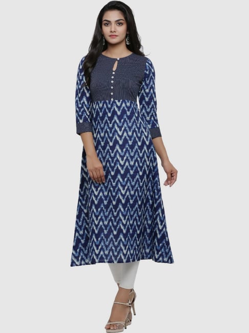 YASH GALLERY Navy Cotton Printed A Line Kurta Price in India